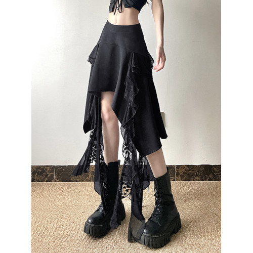 gagaopt2025夏季不規則蕾絲拼接飄帶半身裙高腰顯瘦垂感黑色A字裙 gagaopt2025夏季不規則蕾絲拼接飄帶半身裙高腰顯瘦垂感黑色A字裙