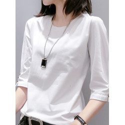 純棉七分袖t恤女2025新款春夏歐洲站紐釦中袖上衣打底衫內搭外穿