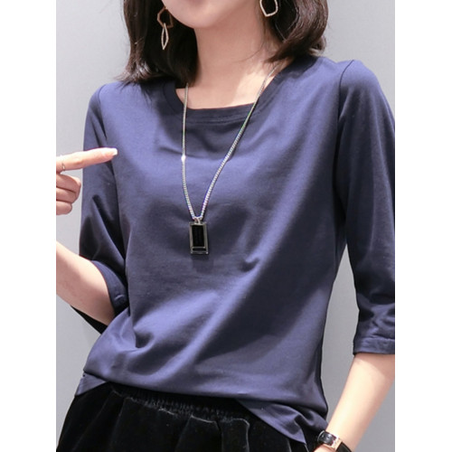 純棉七分袖t恤女2025新款春夏歐洲站紐釦中袖上衣打底衫內搭外穿