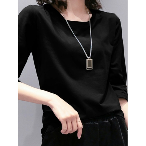 純棉七分袖t恤女2025新款春夏歐洲站紐釦中袖上衣打底衫內搭外穿