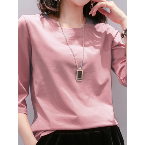 純棉七分袖t恤女2025新款春夏歐洲站紐釦中袖上衣打底衫內搭外穿