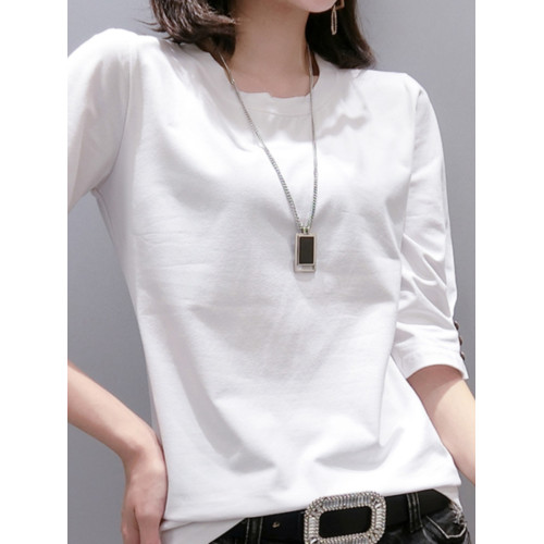 純棉七分袖t恤女2025新款春夏歐洲站紐釦中袖上衣打底衫內搭外穿