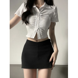 純欲風辣妹白色襯衫短款修身正肩t恤褶皺收腰襯衣短袖設計感上衣