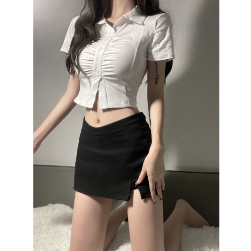 純欲風辣妹白色襯衫短款修身正肩t恤褶皺收腰襯衣短袖設計感上衣