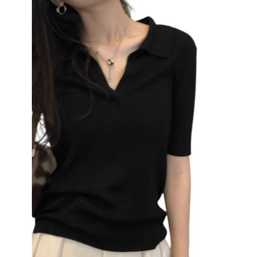 polo黑色針織正肩短袖t恤女夏季2025新款設計感小衆內搭修身上衣
