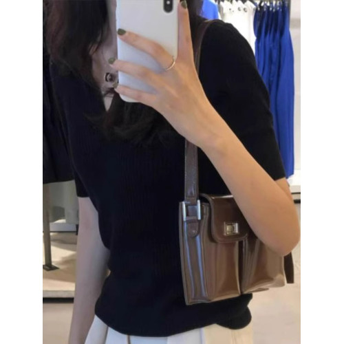 polo黑色針織正肩短袖t恤女夏季2025新款設計感小衆內搭修身上衣