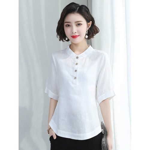 2025新款棉麻t恤女中袖亞麻短袖女夏季寬松大碼韓版顯瘦苧麻上衣