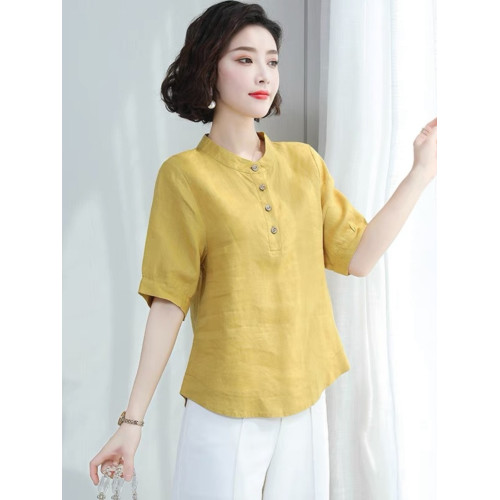 2025新款棉麻t恤女中袖亞麻短袖女夏季寬松大碼韓版顯瘦苧麻上衣