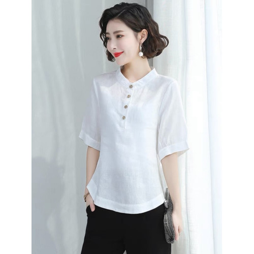 2025新款棉麻t恤女中袖亞麻短袖女夏季寬松大碼韓版顯瘦苧麻上衣