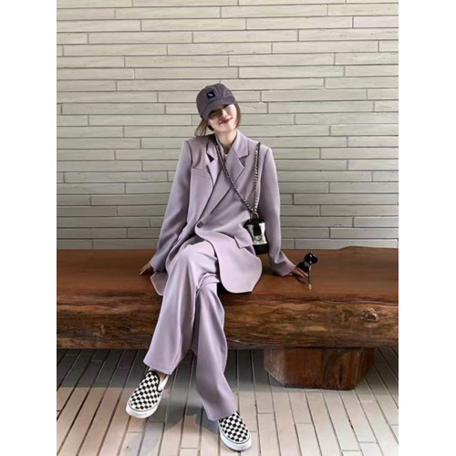 灰色西裝套裝女高級感2025年新款小個子休閒西服外套濶腿褲兩件套 灰色西裝套裝女高級感2025年新款小個子休閒西服外套濶腿褲兩件套