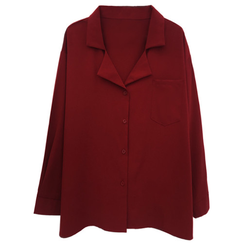 紅色雪紡襯衫女寬松西裝領設計感小衆長袖襯衣職業OL酒紅色上衣女