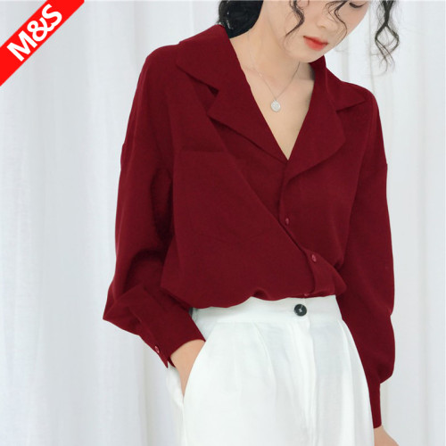紅色雪紡襯衫女寬松西裝領設計感小衆長袖襯衣職業OL酒紅色上衣女