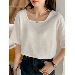 胖mm大碼300斤方領露鎖骨短袖T恤女夏季新款港味chic純棉寬松上衣