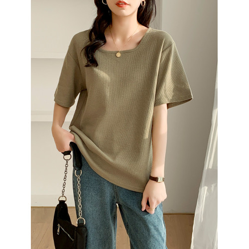 胖mm大碼300斤方領露鎖骨短袖T恤女夏季新款港味chic純棉寬松上衣