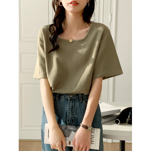 胖mm大碼300斤方領露鎖骨短袖T恤女夏季新款港味chic純棉寬松上衣