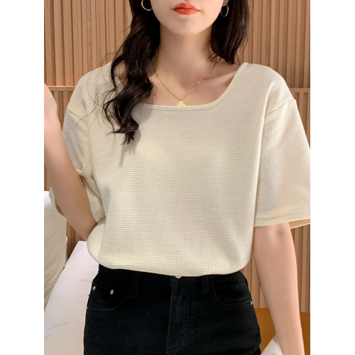 胖mm大碼300斤方領露鎖骨短袖T恤女夏季新款港味chic純棉寬松上衣