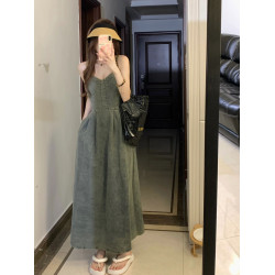 大碼胖MM牛仔吊帶連衣裙子女夏季2025年新款收腰顯瘦法式氣質長裙