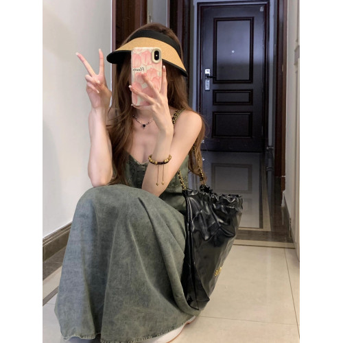 大碼胖MM牛仔吊帶連衣裙子女夏季2025年新款收腰顯瘦法式氣質長裙