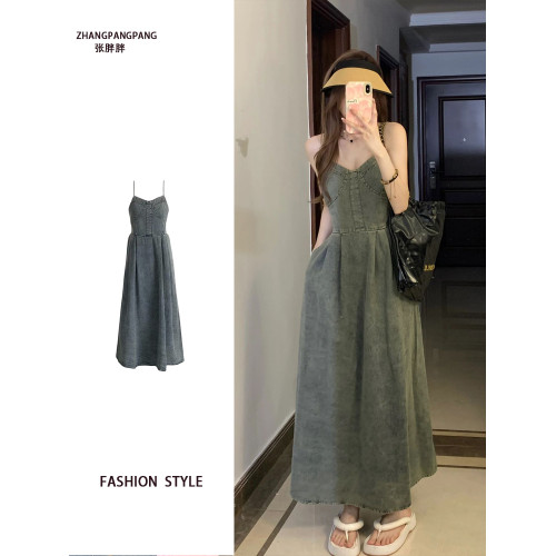 大碼胖MM牛仔吊帶連衣裙子女夏季2025年新款收腰顯瘦法式氣質長裙