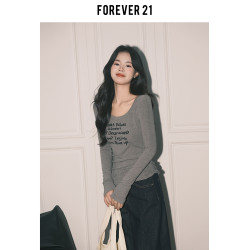 Forever21純欲大圓領灰色修身T恤女長袖休閒打底甜辣字母印花上衣