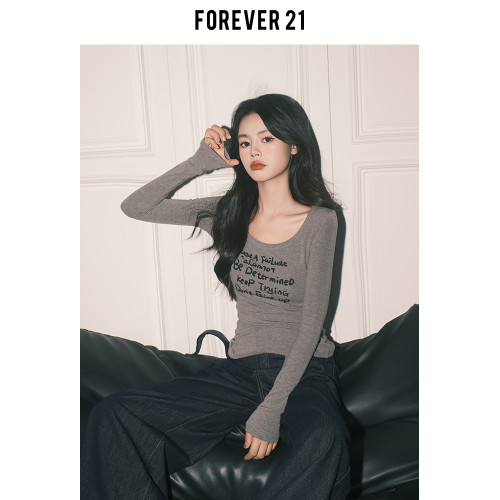 Forever21純欲大圓領灰色修身T恤女長袖休閒打底甜辣字母印花上衣