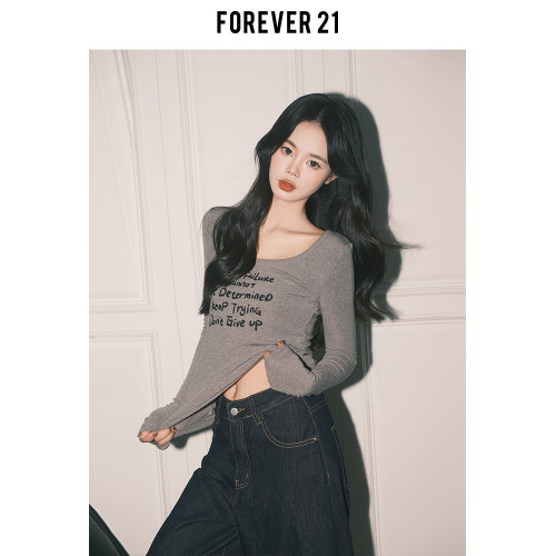 Forever21純欲大圓領灰色修身T恤女長袖休閒打底甜辣字母印花上衣