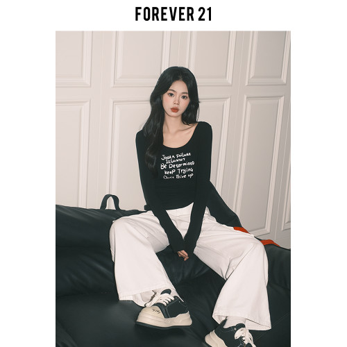 Forever21純欲大圓領灰色修身T恤女長袖休閒打底甜辣字母印花上衣