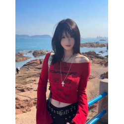 y2k美式辣妹紅色斜肩長袖t恤女秋季2025新款修身收腰別致短款上衣