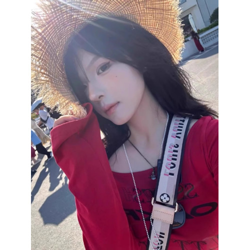 y2k美式辣妹紅色斜肩長袖t恤女秋季2025新款修身收腰別致短款上衣