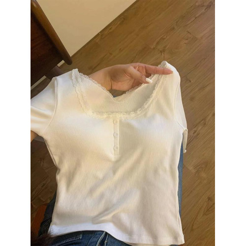 蕾絲方領德絨打底衫女秋冬內搭短款小衫修身顯瘦上衣加絨保暖T恤