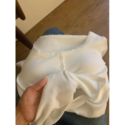 蕾絲方領德絨打底衫女秋冬內搭短款小衫修身顯瘦上衣加絨保暖T恤