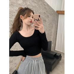 純欲u領修身彈力露臍長袖T恤女早秋高腰短款上衣純色內搭打底衫春