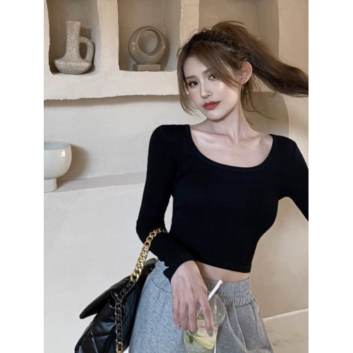 純欲u領修身彈力露臍長袖T恤女早秋高腰短款上衣純色內搭打底衫春