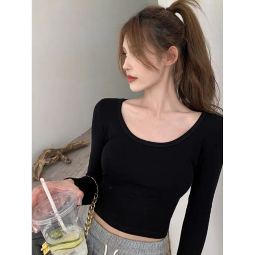 純欲u領修身彈力露臍長袖T恤女早秋高腰短款上衣純色內搭打底衫春