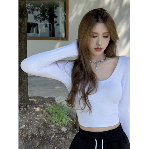 純欲u領修身彈力露臍長袖T恤女早秋高腰短款上衣純色內搭打底衫春
