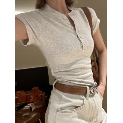 美式辣妹v領單排釦短袖T恤女夏修身顯瘦灰色螺紋休閒百搭正肩上衣