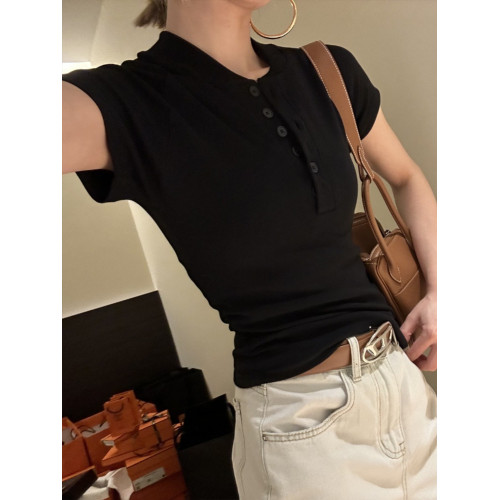 美式辣妹v領單排釦短袖T恤女夏修身顯瘦灰色螺紋休閒百搭正肩上衣