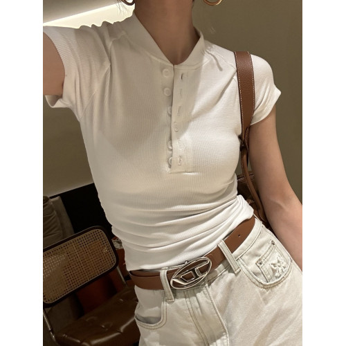 美式辣妹v領單排釦短袖T恤女夏修身顯瘦灰色螺紋休閒百搭正肩上衣