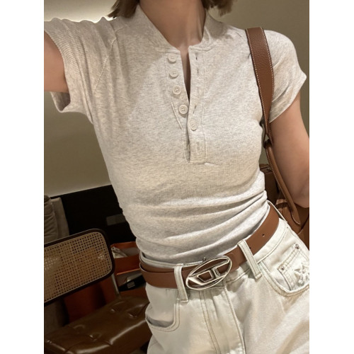 美式辣妹v領單排釦短袖T恤女夏修身顯瘦灰色螺紋休閒百搭正肩上衣