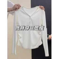 純棉v領正肩長袖t恤打底衫女2025秋季新款大碼微胖mm遮肚內搭上衣