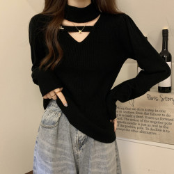 大碼女裝遮肚子鏤空小衆長袖打底衫秋冬胖妹妹顯瘦半高領針織上衣