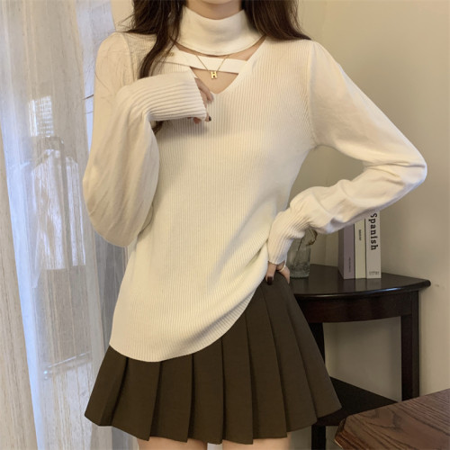 大碼女裝遮肚子鏤空小衆長袖打底衫秋冬胖妹妹顯瘦半高領針織上衣 大碼女裝遮肚子鏤空小衆長袖打底衫秋冬胖妹妹顯瘦半高領針織上衣