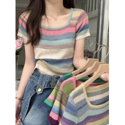 彩虹條紋方領短袖t恤女正肩夏季2025新款冰絲針織短款上衣超好看