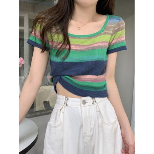 彩虹條紋方領短袖t恤女正肩夏季2025新款冰絲針織短款上衣超好看