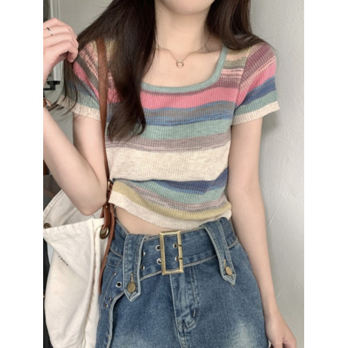 彩虹條紋方領短袖t恤女正肩夏季2025新款冰絲針織短款上衣超好看