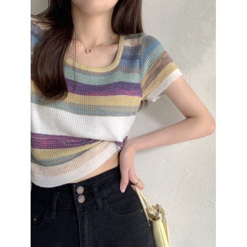 彩虹條紋方領短袖t恤女正肩夏季2025新款冰絲針織短款上衣超好看