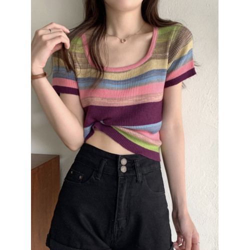 彩虹條紋方領短袖t恤女正肩夏季2025新款冰絲針織短款上衣超好看