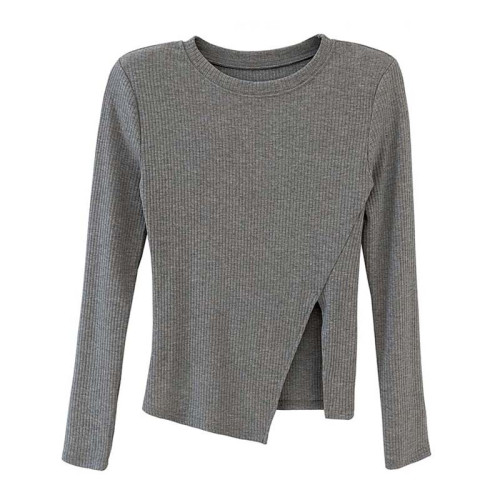 2025春秋冬溫柔風長袖打底衫女不規則開叉內搭心機上衣緊身T恤女