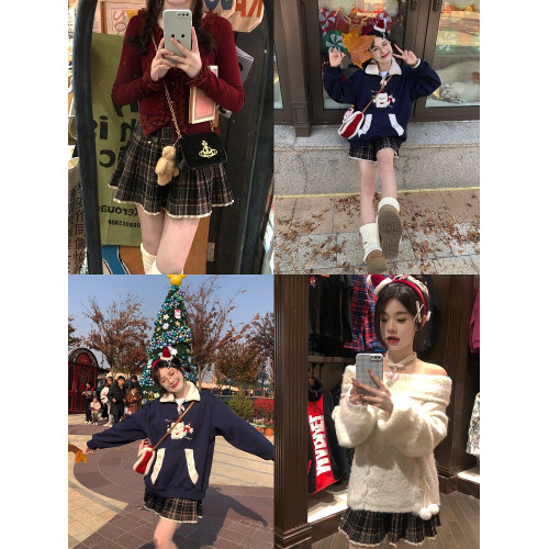 【ALITTLE 亂糟糟】聖誕格蝴蝶結蕾絲花邊格子百褶裙秋冬百搭