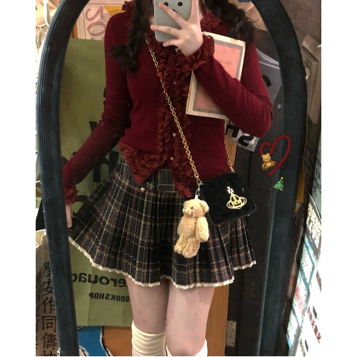 【ALITTLE 亂糟糟】聖誕格蝴蝶結蕾絲花邊格子百褶裙秋冬百搭